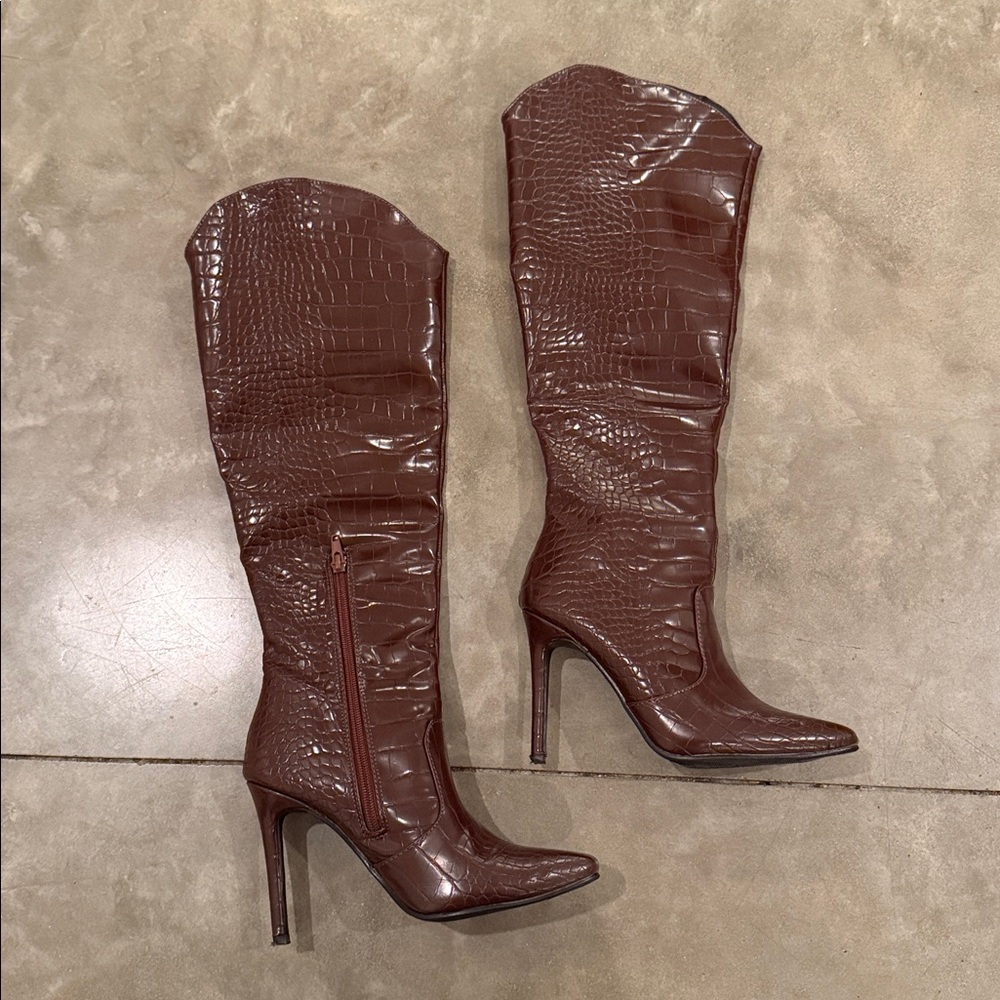 4th and Reckless - Wine/Brown Croc-Embossed Knee-High Boots - Picture 2 of 6